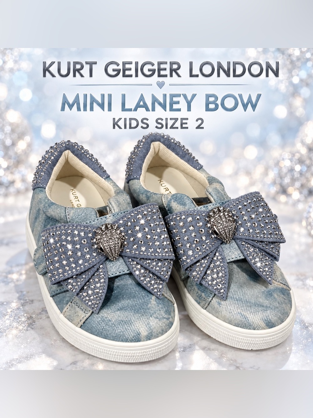 NWOT Kurt Geiger Kids Denim Blue Bow Slip-On Sneakers with Crystal Detail Kids 2